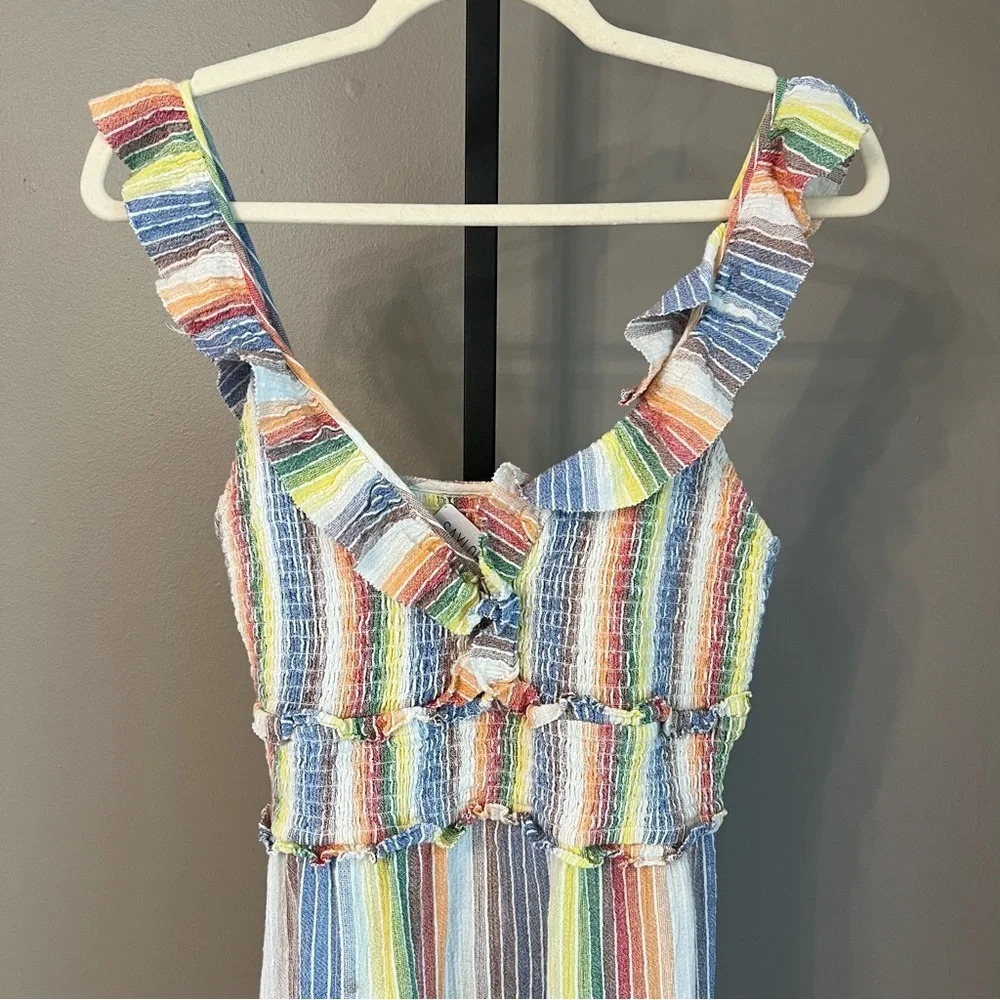SAYLOR Alma Rainbow Ruffle Mini Dress Multicolor Stripes Medium Colorful Beachy - Picture 2 of 6